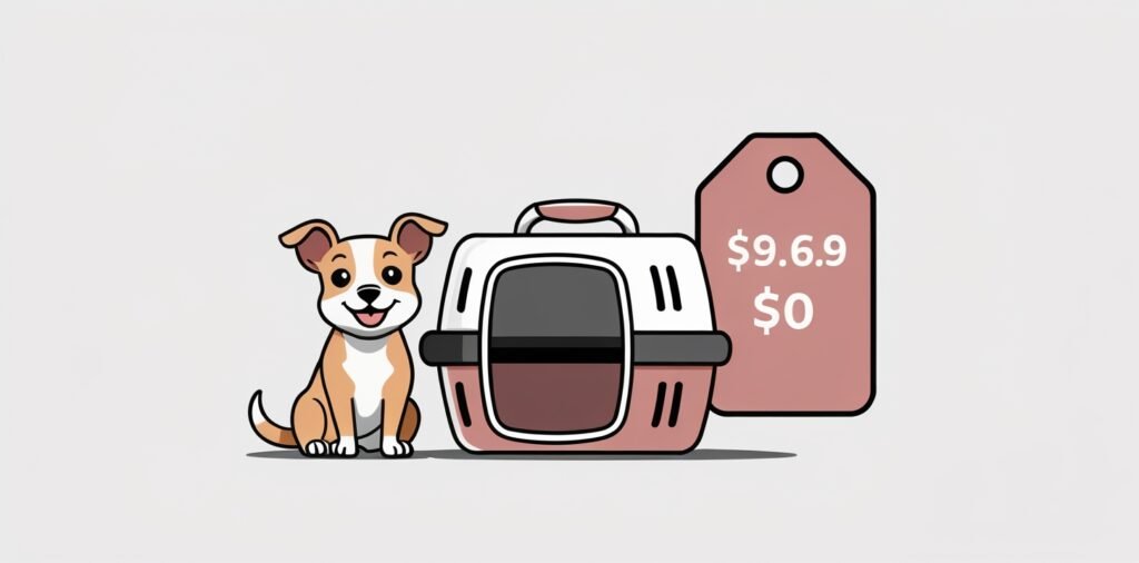 Dog with carrier and price tag for Cathay Pacific pet fees