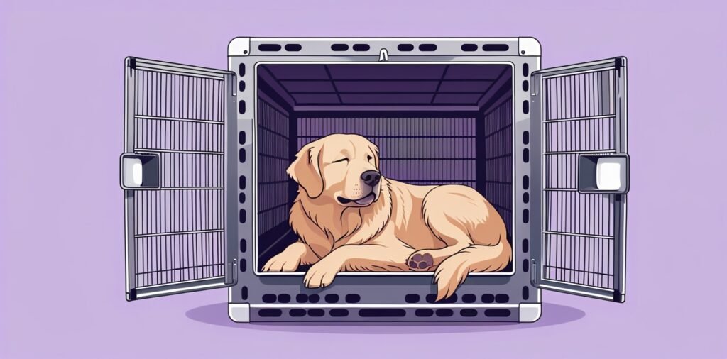 Large dog in hard-sided cargo crate for Cathay Pacific pet policy