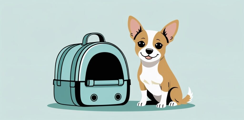 Small dog next to travel carrier for Cathay Pacific pet policy quick reference