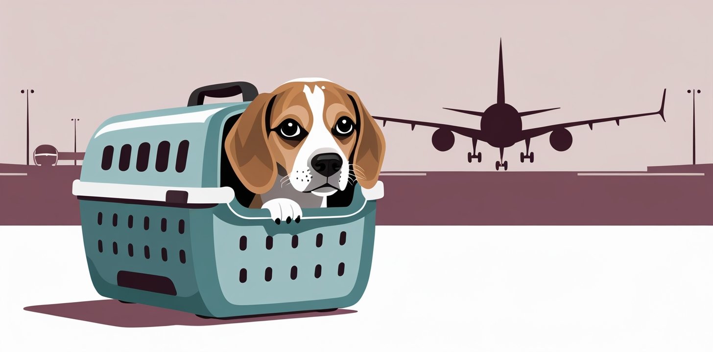 Dog peeking out of carrier at airport before flight