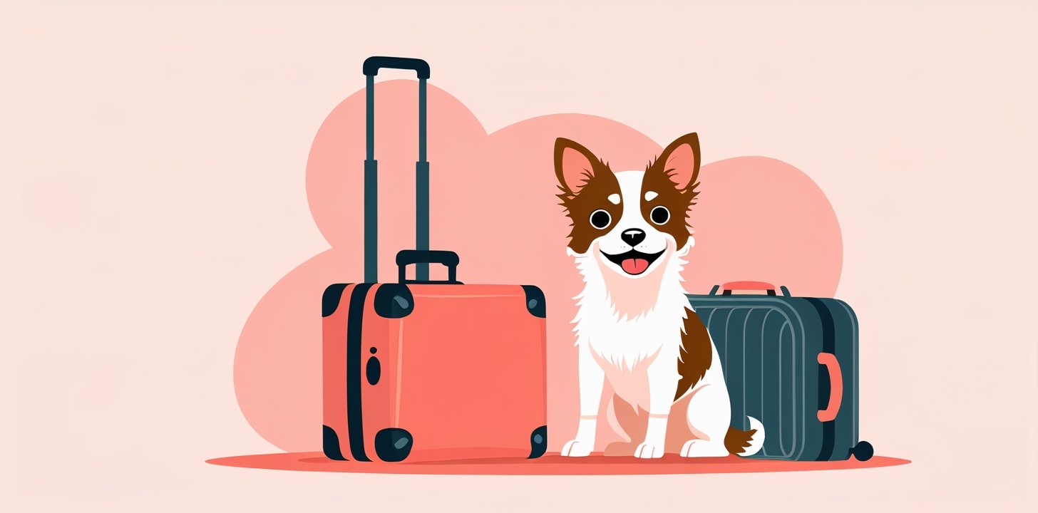 Dog sitting next to packed suitcase and travel carrier ready for flight