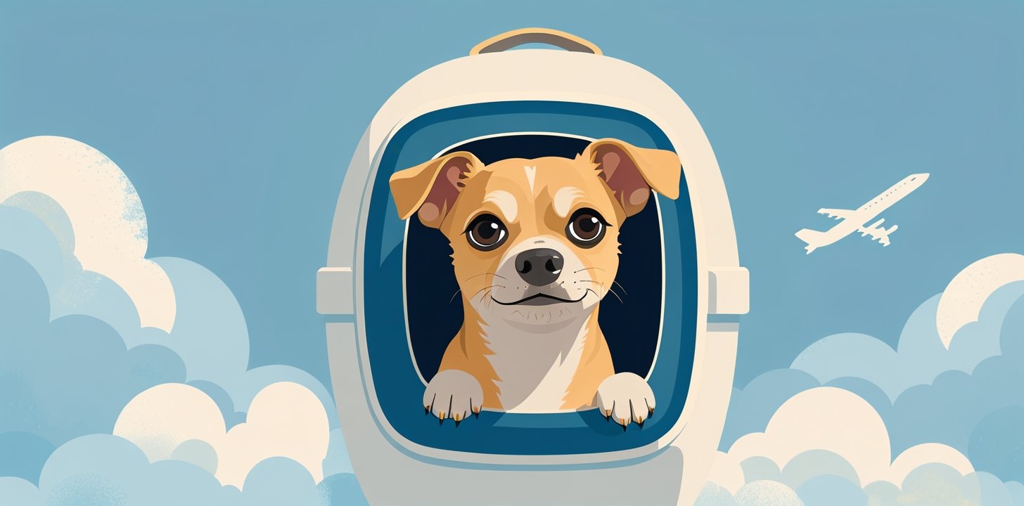 Small dog peeking out of carrier near airplane window for cabin travel anxiety