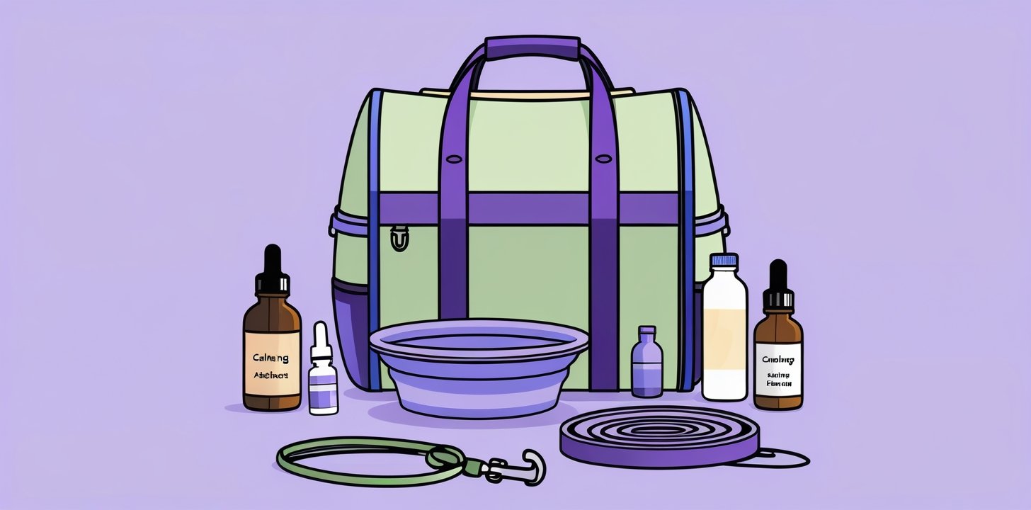 Pet travel essentials and calming aids for anxious dog travel preparation