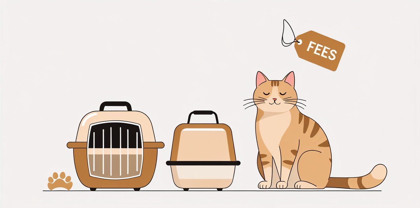Cat with carrier and price tag for TAP Portugal pet fees
