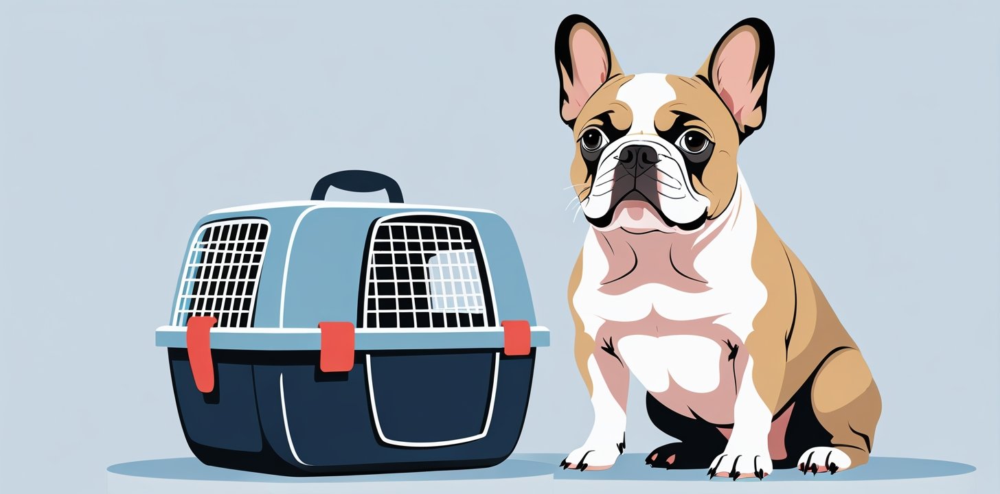French Bulldog next to carrier showing Japan Airlines breed restrictions