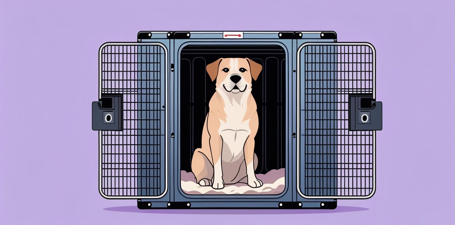 Large dog in IATA-compliant hard crate for checked baggage travel