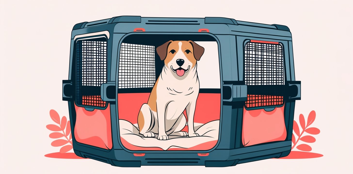 Large dog in IATA-compliant travel crate for Japan Airlines cargo