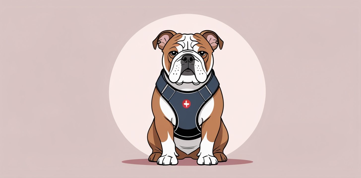 English Bulldog wearing travel harness for breed-specific travel anxiety management