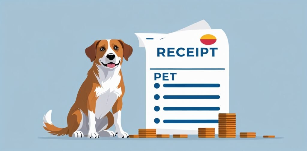 Dog with receipt and coins for United Kingdom to Germany pet travel costs