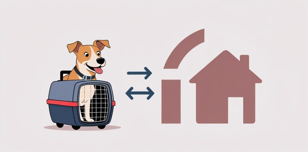 Dog in carrier facing home for United Kingdom to Germany return journey