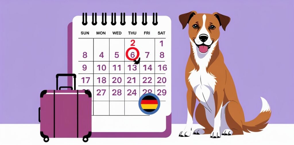 Dog with calendar and suitcase for United Kingdom to Germany travel timeline