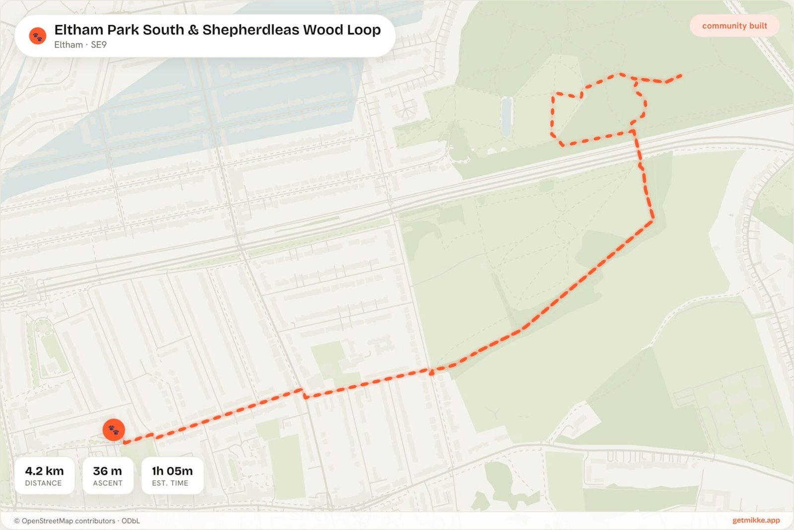 Route map of Eltham Park South & Shepherdleas Wood Loop