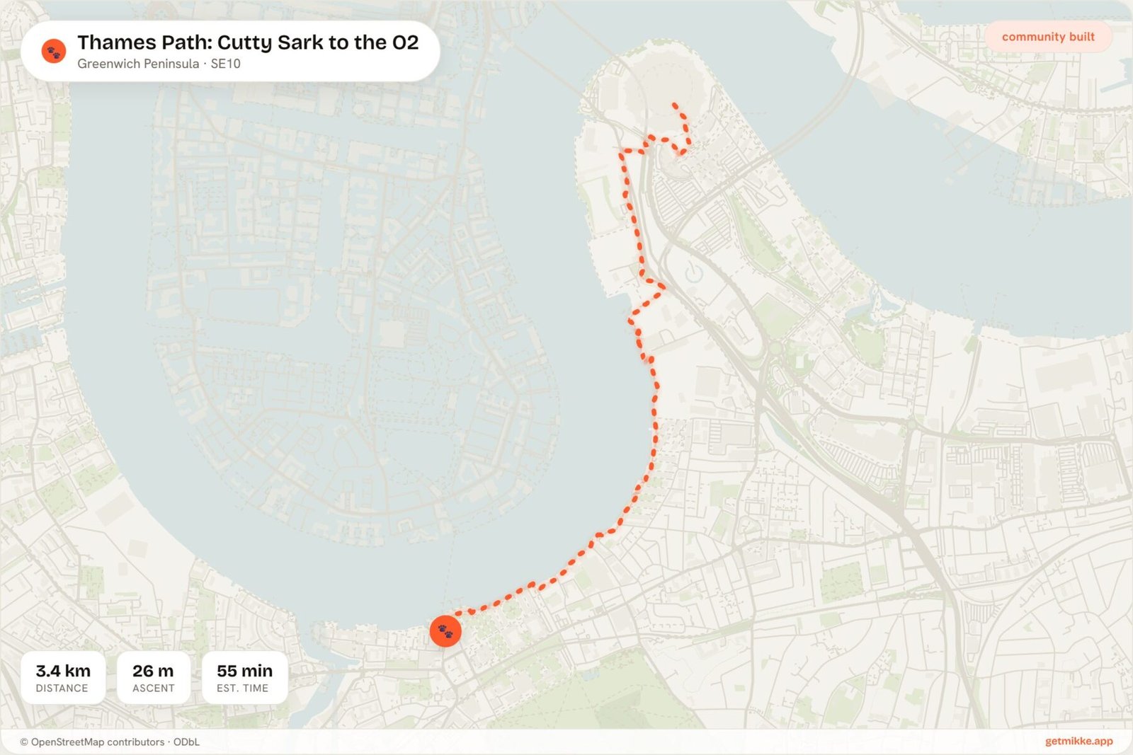 Route map of Thames Path: Cutty Sark to the O2