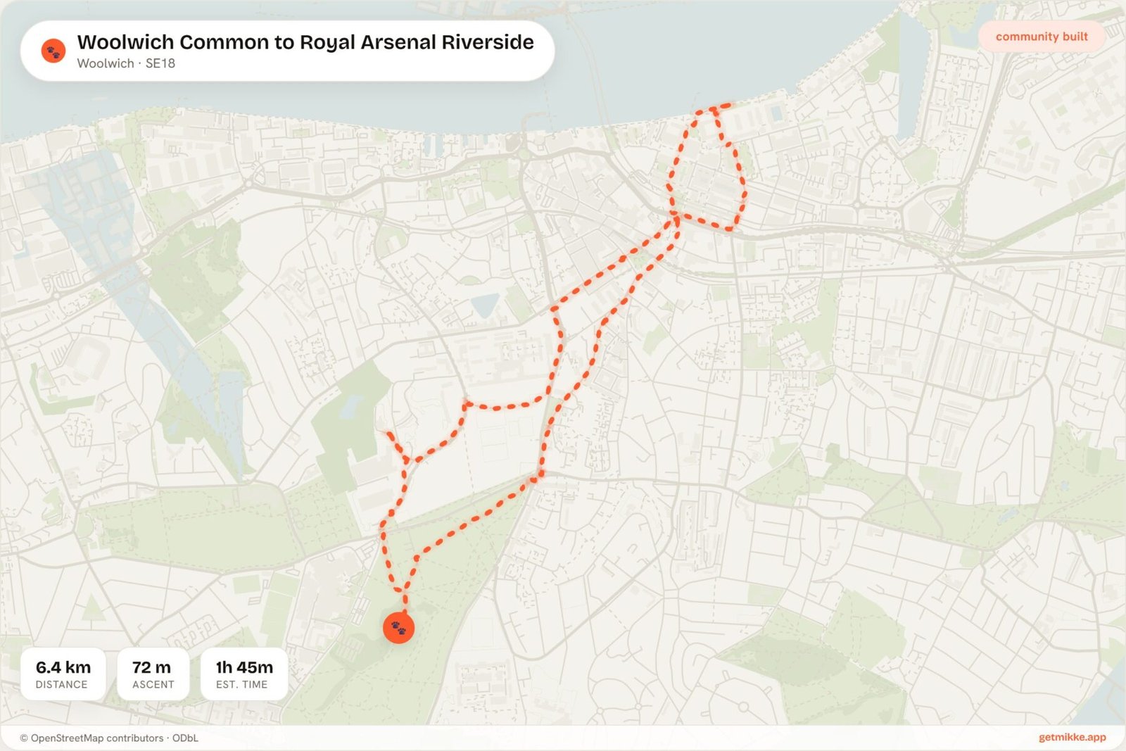 Route map of Woolwich Common to Royal Arsenal Riverside