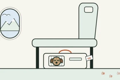 Illustration of a small dog in a soft carrier under an airplane seat, with mountains in the window