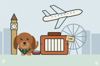 Illustration of a dog beside a travel crate tagged LHR, with a plane and the London skyline behind