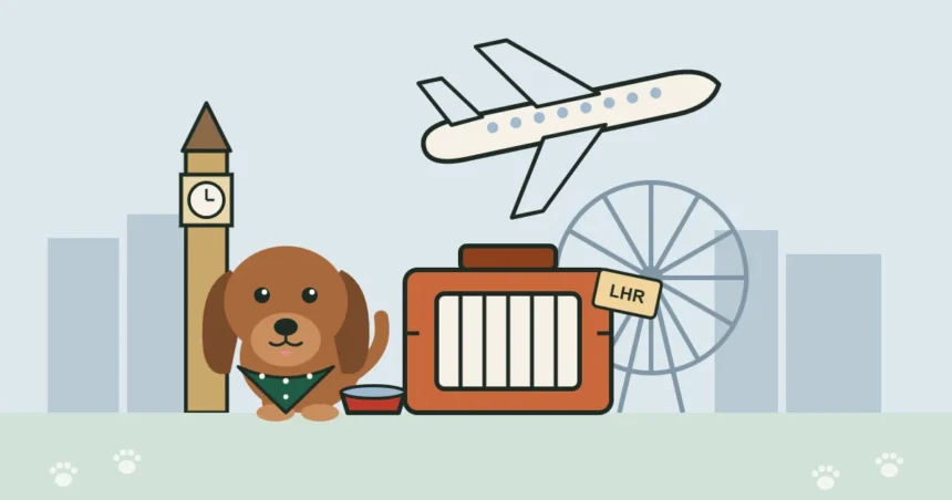 Illustration of a dog beside a travel crate tagged LHR, with a plane and the London skyline behind