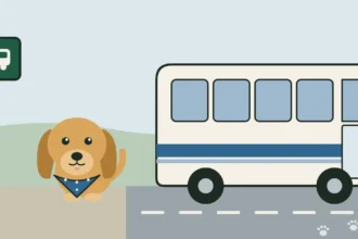 Illustration of a dog with a blue bandana waiting at a bus stop beside an intercity bus