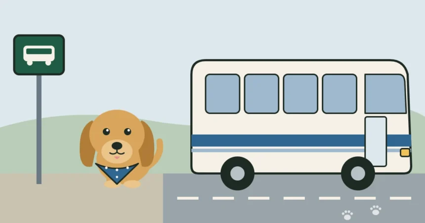 Illustration of a dog with a blue bandana waiting at a bus stop beside an intercity bus