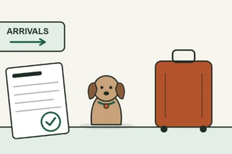 Illustration of a dog beside a suitcase at an arrivals gate with a checked entry form