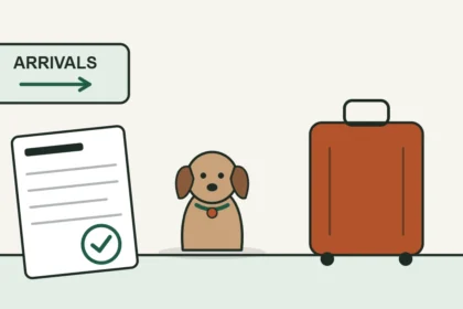 Illustration of a dog beside a suitcase at an arrivals gate with a checked entry form