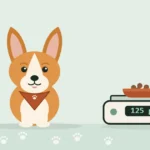 Illustrated Corgi in a travel bandana sitting beside a kitchen scale holding a bowl of kibble
