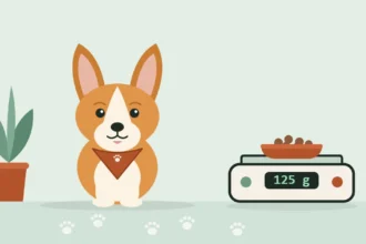 Illustrated Corgi in a travel bandana sitting beside a kitchen scale holding a bowl of kibble