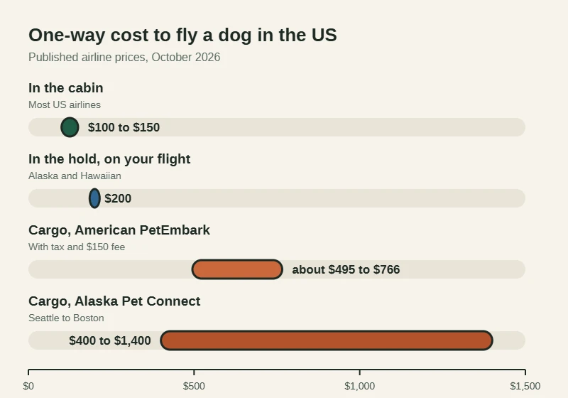 Bar chart of one-way prices to fly a dog in the US in 2026: in the cabin 100 to 150 dollars, Alaska or Hawaiian baggage compartment 200 dollars, American PetEmbark cargo about 495 to 766 dollars with tax and fee, Alaska Pet Connect Seattle to Boston 400 to 1,400 dollars by weight