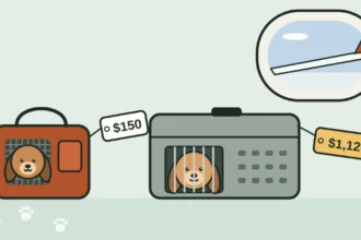 Illustration of a small dog in a soft carrier tagged 150 dollars beside a large dog in a hard airline kennel tagged 1,126 dollars, under an airplane window