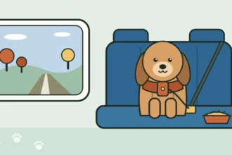 Illustration of a tan dog sitting on a car's back seat in a rust-colored harness clipped to the seat belt, beside a pie, with an autumn road through the window