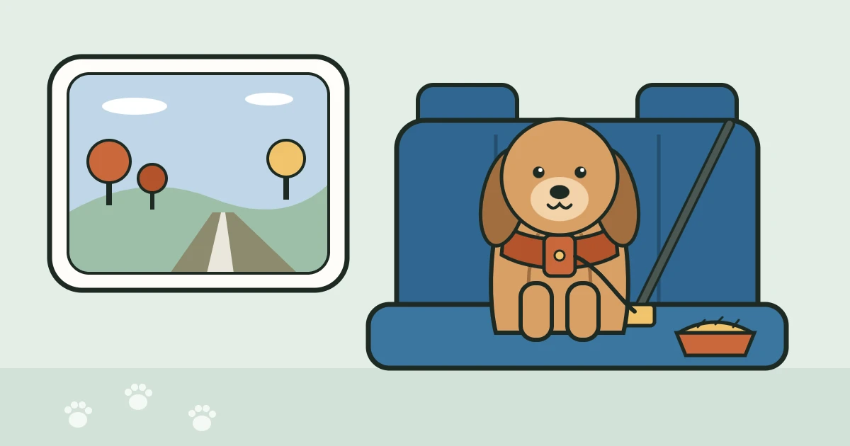 Illustration of a tan dog sitting on a car's back seat in a rust-colored harness clipped to the seat belt, beside a pie, with an autumn road through the window
