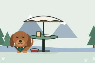 Illustration of a dog beside a patio table, with Cascade peaks, pines and the river behind