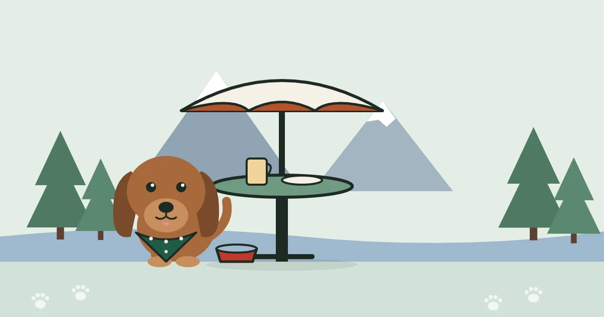Illustration of a dog beside a patio table, with Cascade peaks, pines and the river behind