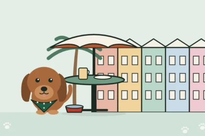 Illustration of a dog beside a patio table, with Charleston's pastel row houses and a palmetto behind