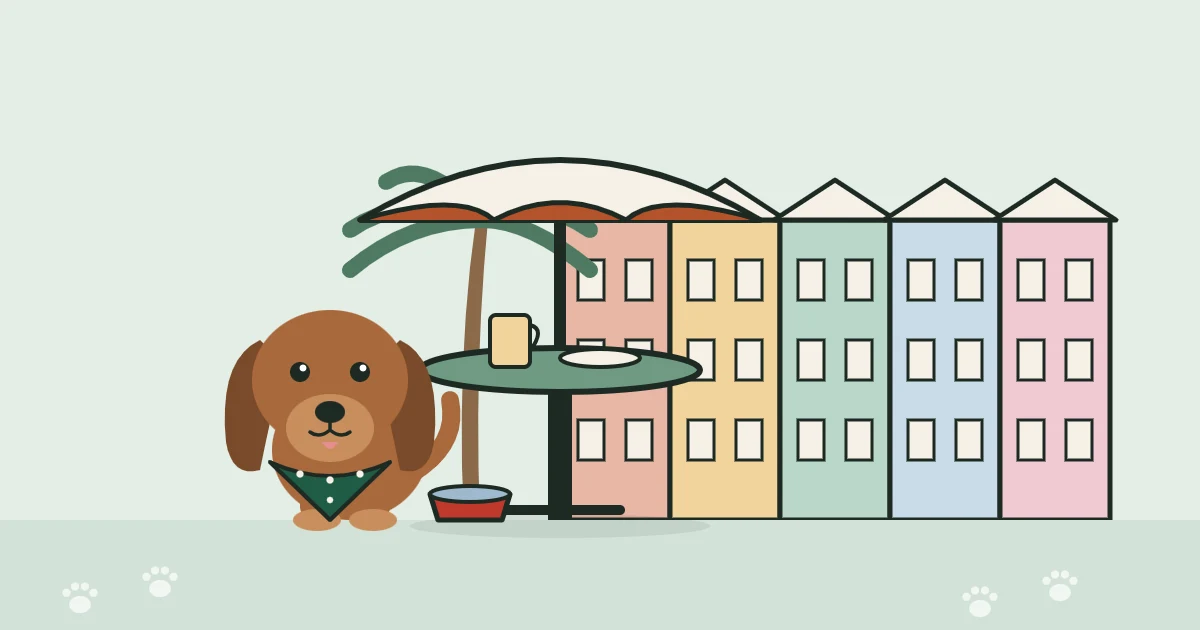 Illustration of a dog beside a patio table, with Charleston's pastel row houses and a palmetto behind