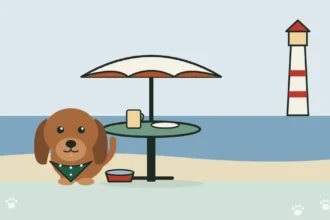 Illustration of a dog beside a patio table, with a Great Lakes lighthouse and shoreline behind