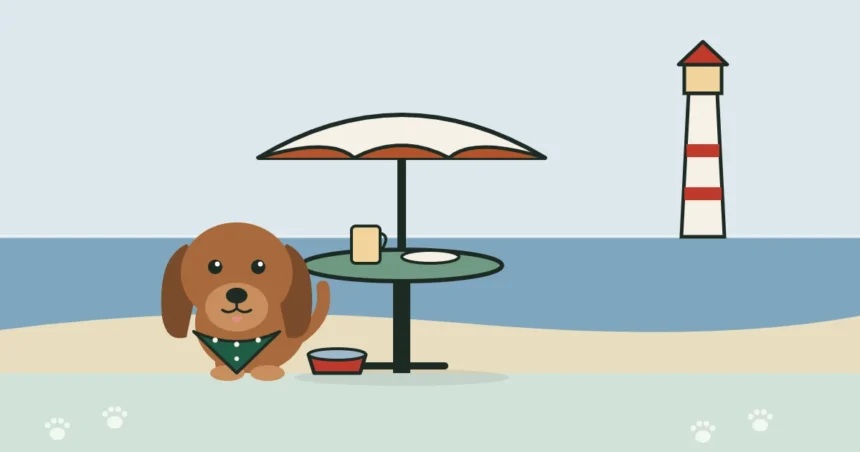 Illustration of a dog beside a patio table, with a Great Lakes lighthouse and shoreline behind