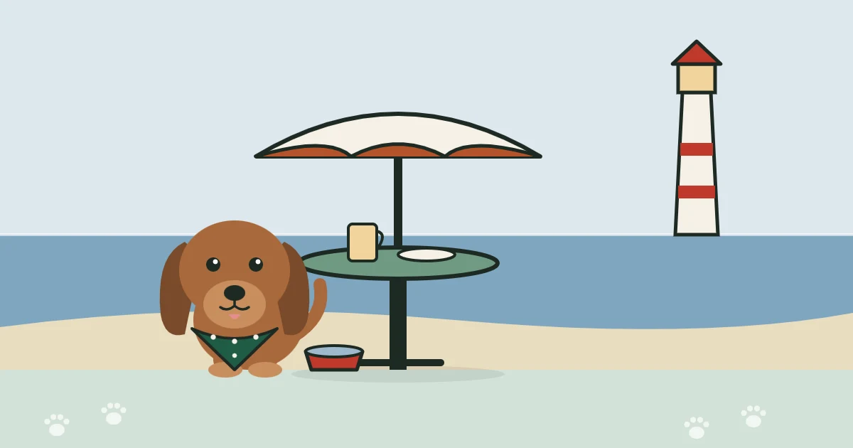 Illustration of a dog beside a patio table, with a Great Lakes lighthouse and shoreline behind
