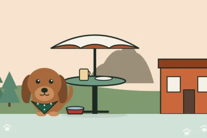 Illustration of a dog beside a patio table, with Thumb Butte, pines and a brick saloon behind