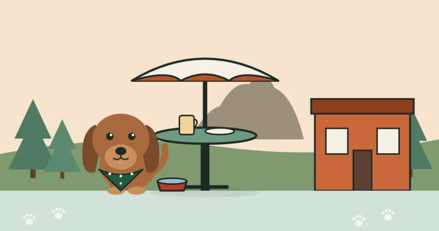 Illustration of a dog beside a patio table, with Thumb Butte, pines and a brick saloon behind