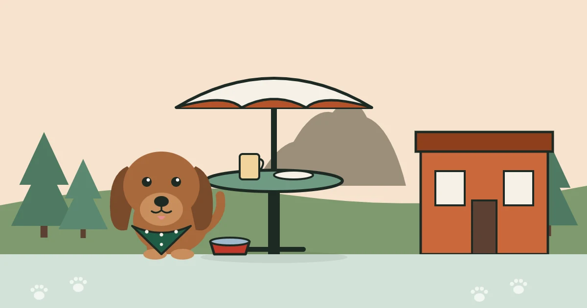 Illustration of a dog beside a patio table, with Thumb Butte, pines and a brick saloon behind