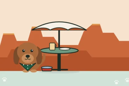 Illustration of a dog beside a patio table under an umbrella, with Sedona's red rocks behind