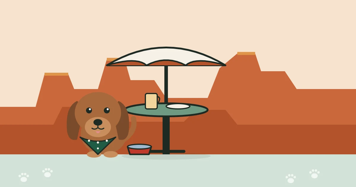 Illustration of a dog beside a patio table under an umbrella, with Sedona's red rocks behind