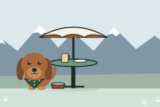 Illustration of a dog beside a patio table, with the snowy Wasatch peaks behind
