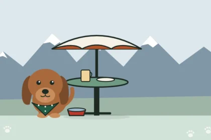 Illustration of a dog beside a patio table, with the snowy Wasatch peaks behind