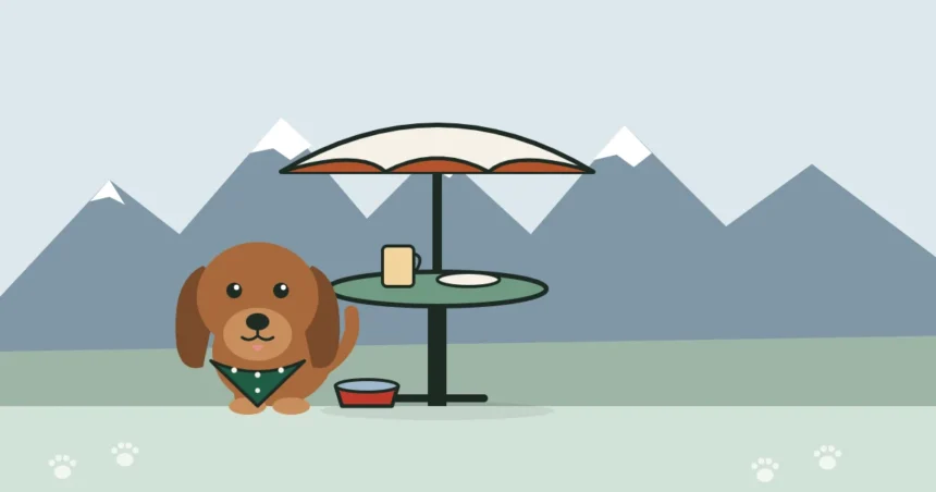 Illustration of a dog beside a patio table, with the snowy Wasatch peaks behind