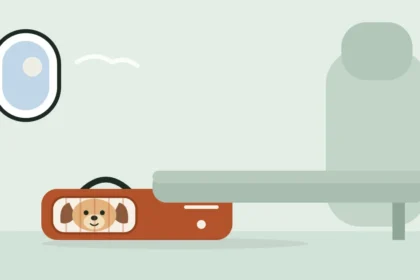 Illustration of a dog peeking out of a carrier tucked under an airplane seat