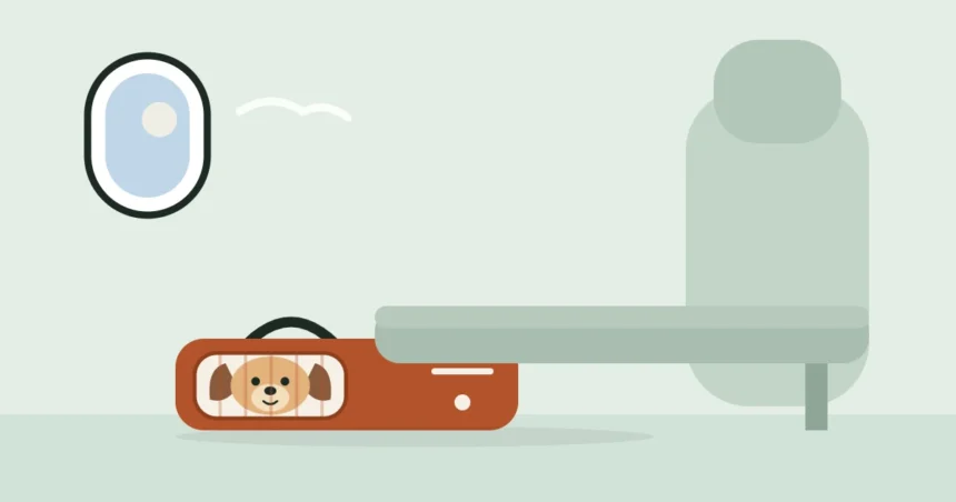 Illustration of a dog peeking out of a carrier tucked under an airplane seat