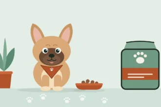 Illustrated French Bulldog in a travel bandana sitting between a bowl of kibble and a bag of dog food