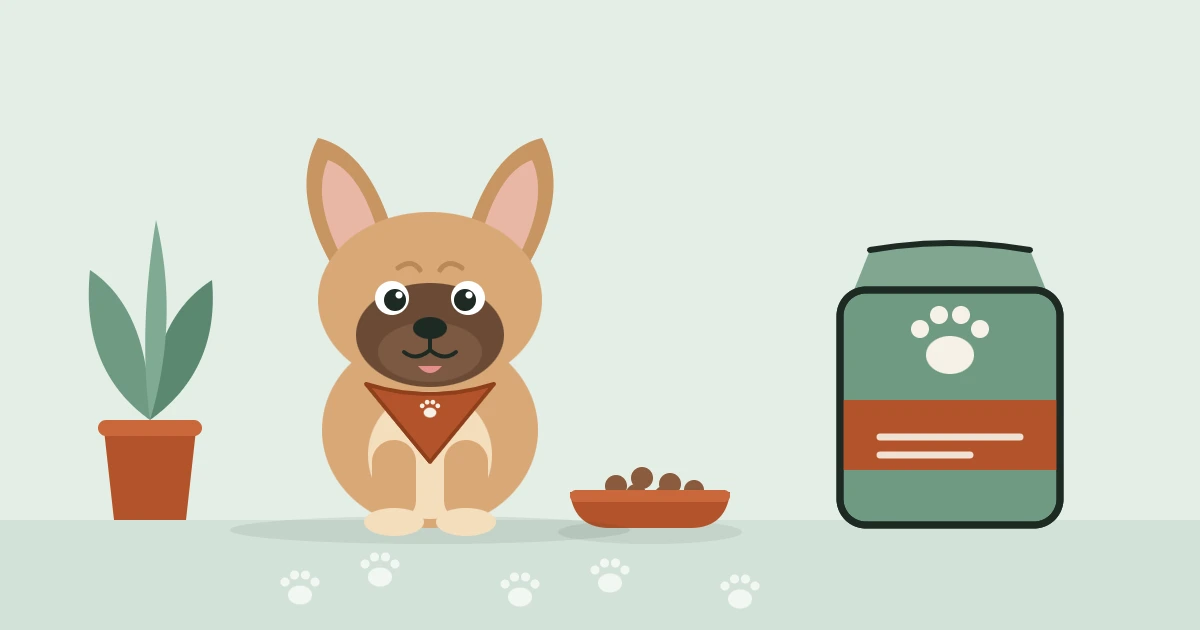 Illustrated French Bulldog in a travel bandana sitting between a bowl of kibble and a bag of dog food
